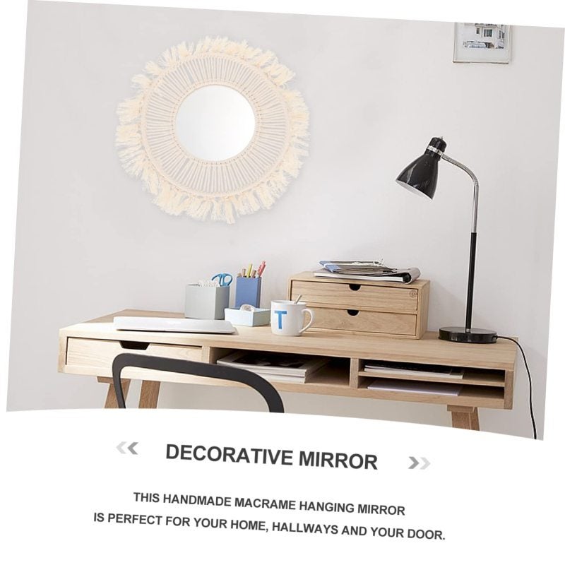Macrame Mirror 13.76-Inch Round Beige Hand-Woven Cotton Rope Frame - Exquisite Craftsmanship Decorative Mirror for Living Rooms Bedrooms Bathrooms Dorm Spaces - Image 5