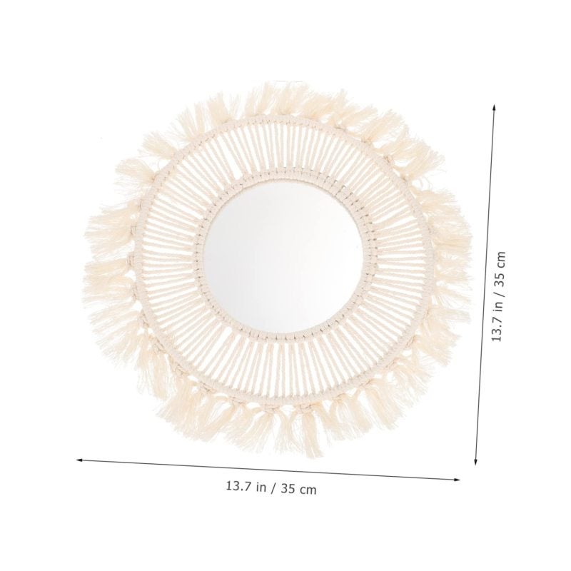 Macrame Mirror 13.76-Inch Round Beige Hand-Woven Cotton Rope Frame - Exquisite Craftsmanship Decorative Mirror for Living Rooms Bedrooms Bathrooms Dorm Spaces - Image 4