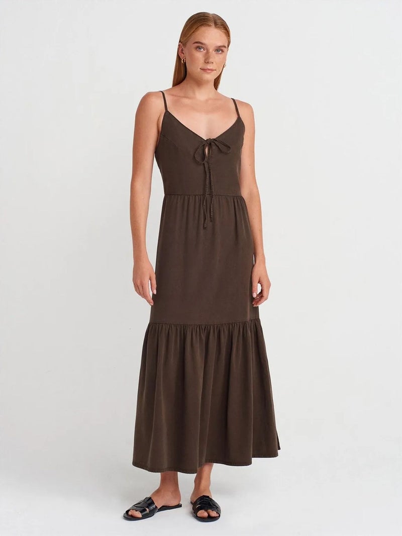 DILVIN Sleeveless A-line Maxi Dress With Tie Front - Image 1