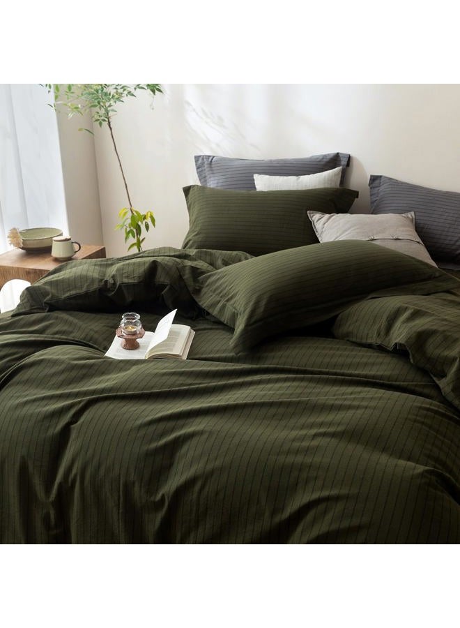 BDEAR Pinstripe Duvet Cover King Size 104x90in, 100% Washed Cotton Duvet Cover with Zipper Closure and 2 Pillowcases, Stripe:Olive Green-Black - Image 2