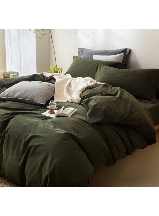 BDEAR Pinstripe Duvet Cover King Size 104x90in, 100% Washed Cotton Duvet Cover with Zipper Closure and 2 Pillowcases, Stripe:Olive Green-Black - Image 5