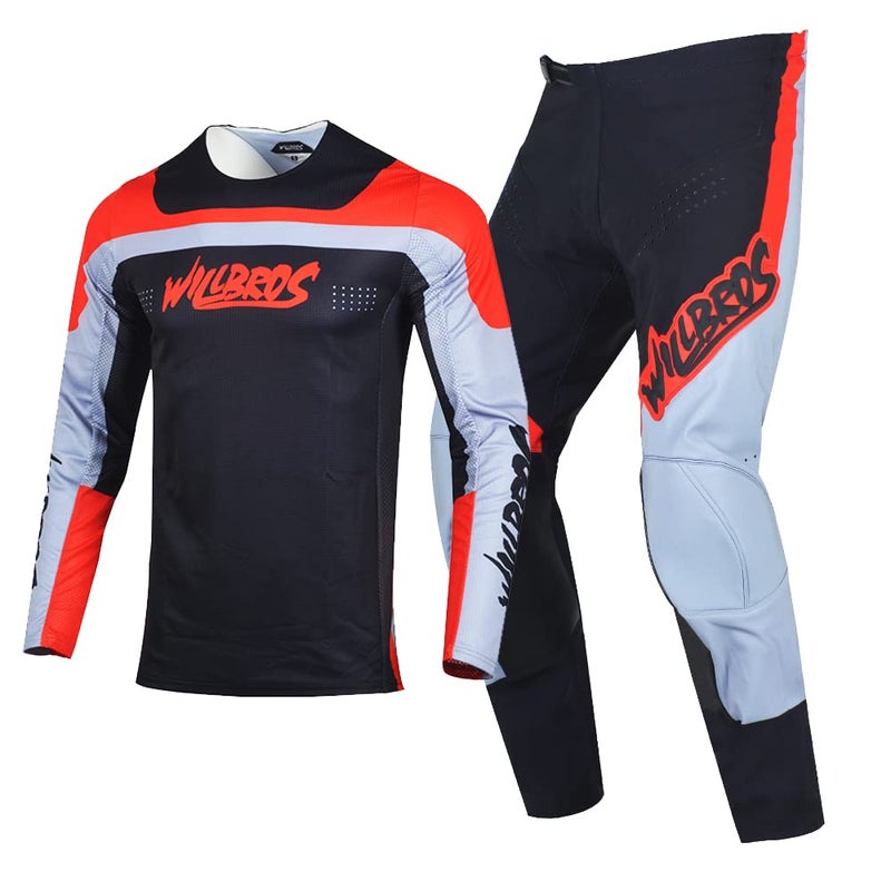 Willbros Motocross Jersey and Pants Combo Offroad Dirt Bike MX Gear Set Riding Mens Adult Black Grey Red Jersey XXXL Pants 40 - Image 2