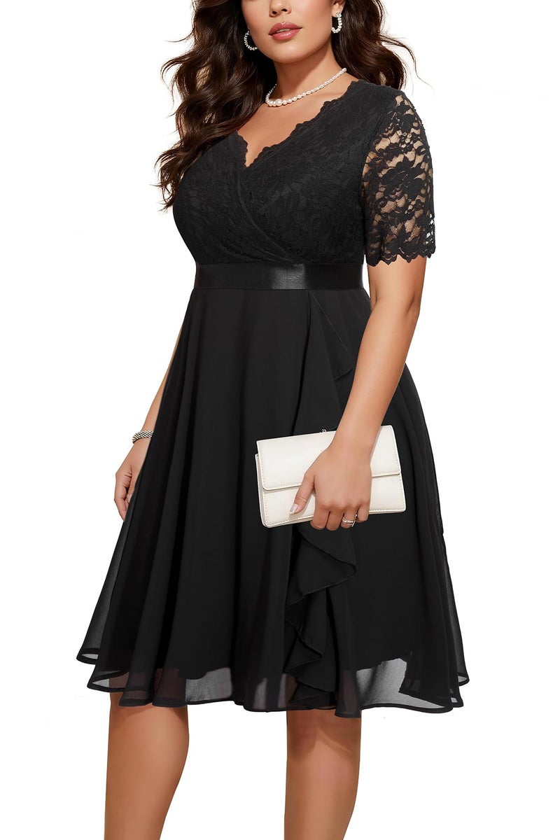 Talisea Plus Size Wedding Guest Midi Dresses Semi Formal Black Funeral Cocktail Party Summer Elegant Lace Graduation Mother - Image 1