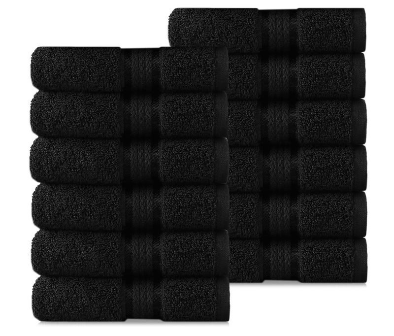 COTTON CRAFT Ultra Soft 12 Pack Wash  Face Cloths 12x12  Highly Absorbent Bathroom Shower Kitchen Utility Towels  Use Everyday  Easy Care Machine Wash  Premium Ringspun Cotton 580 GSM  Black