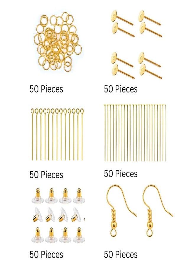 Dhruv Crafts مجموعة أدوات صنع المجوهرات من دروف كرافتس تتضمن دبوس رأس، دبوس عين، حلقة وصل، مشابك أقراط، مسمار وسدادة |300 قطعة| |ذهبي| - Image 1