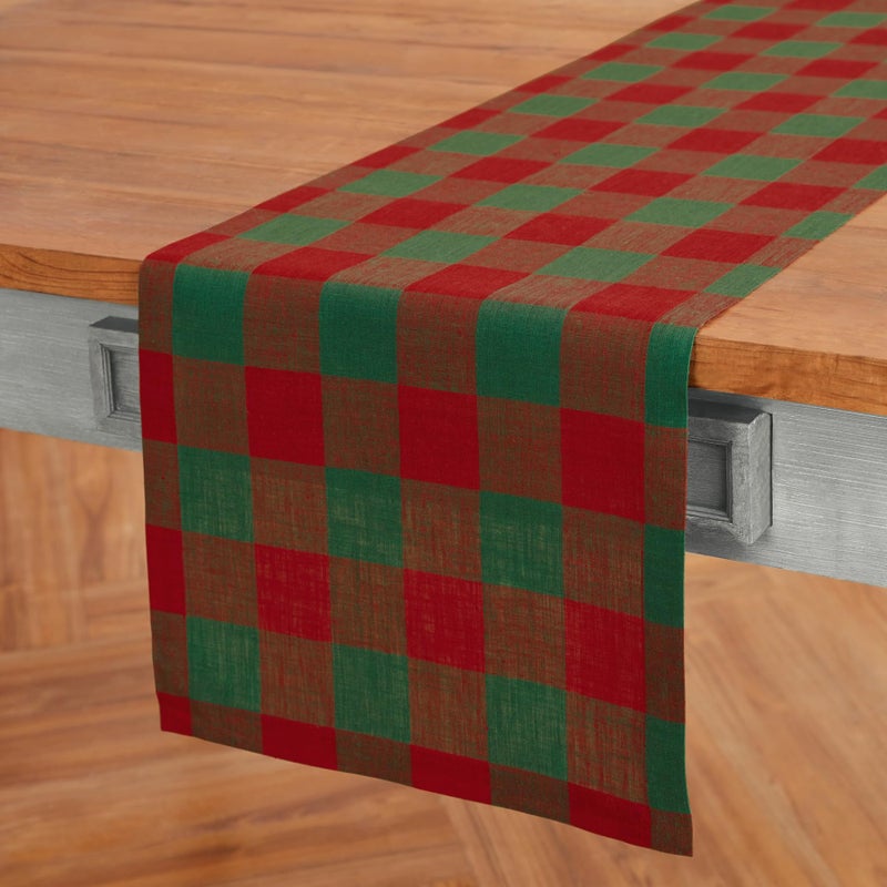 Solino Home Linen Check Table Runner 72 inches Long - 100% Pure Linen Red and Green Buffalo Plaid Table Runner 14 x 72 Inch - Farmhouse Christmas Table Runner - Image 3
