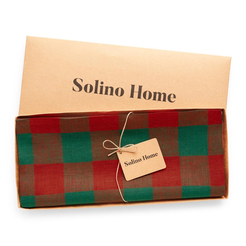Solino Home Linen Check Table Runner 72 inches Long - 100% Pure Linen Red and Green Buffalo Plaid Table Runner 14 x 72 Inch - Farmhouse Christmas Table Runner - Image 4