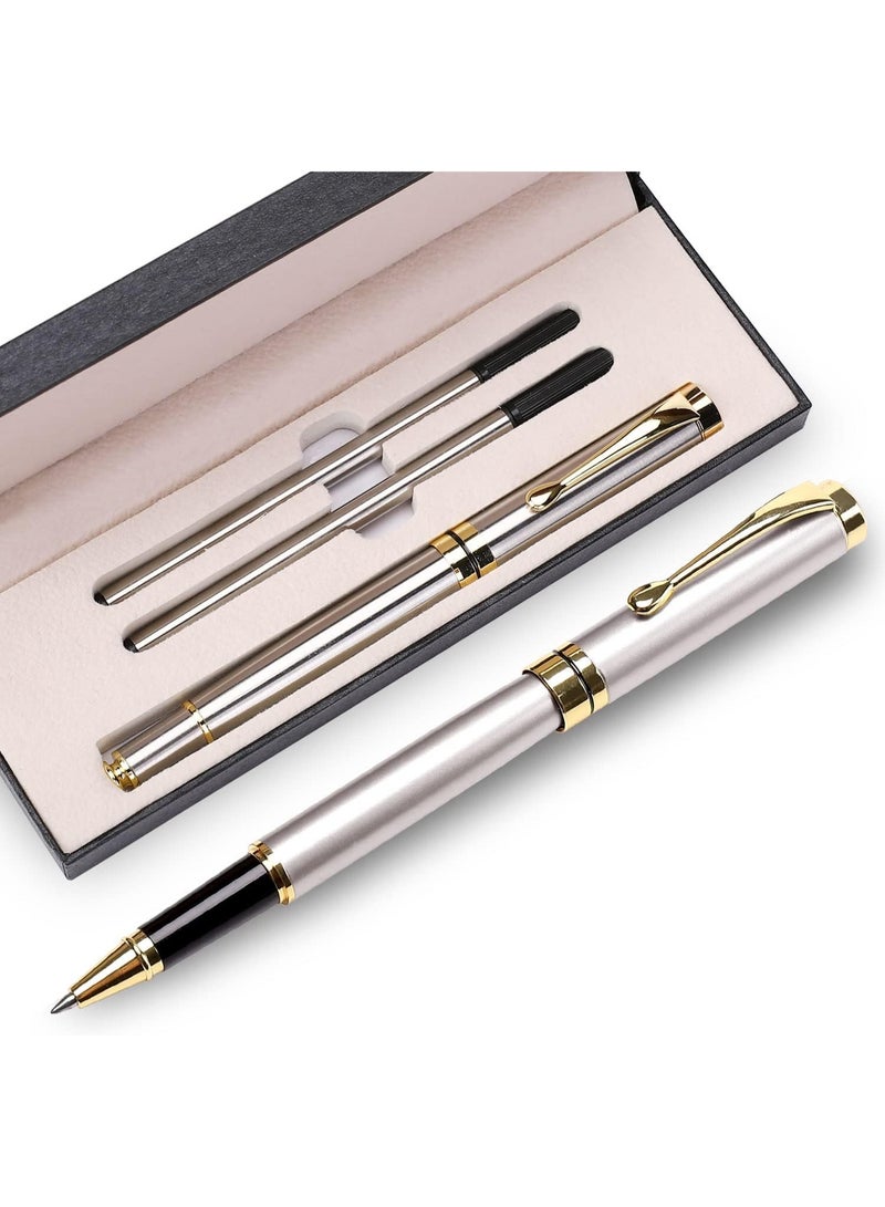 Luxury Ballpoint Pens Best Ball Pen Gift Set for Men & Women Professional Executive Office Nice BallPens Classy Gift Box Ballpoint Black Refill Line width 0.5mm (Silver) - Image 1