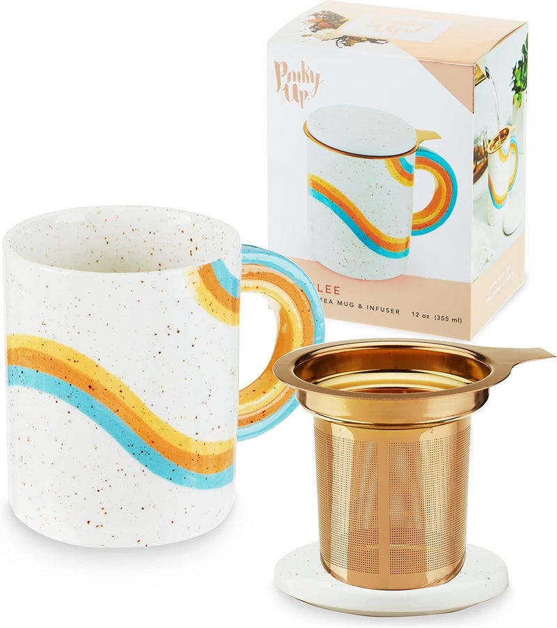 Pinky Up Everlee Tea Infuser Mug - Ceramic Mug with Tea Infuser and Lid for Loose Leaf - Rainbow and Gold Set of 1 - Image 1