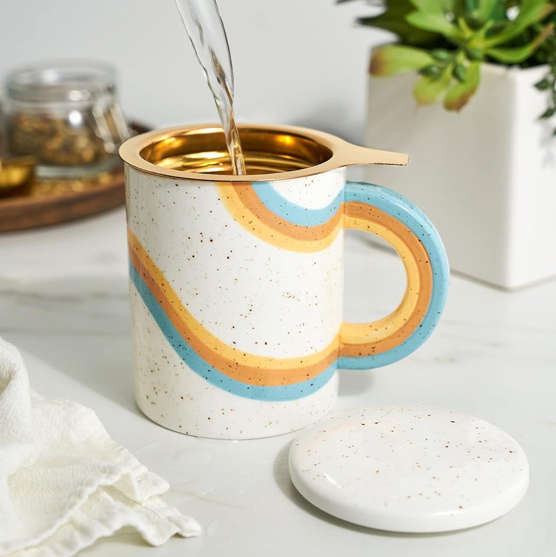 Pinky Up Everlee Tea Infuser Mug - Ceramic Mug with Tea Infuser and Lid for Loose Leaf - Rainbow and Gold Set of 1 - Image 2