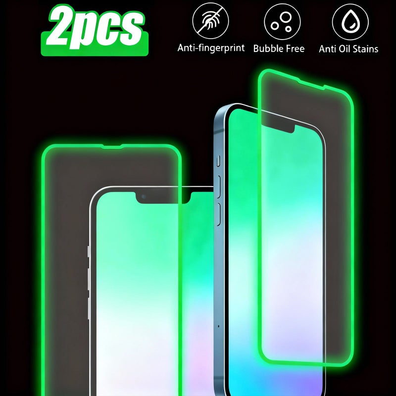 2 قطع زجاج مقسى أخضر متوهج في الظلام عالي الدقة لجهاز iPhone 15 Plus بصلابة 9H - Image 1