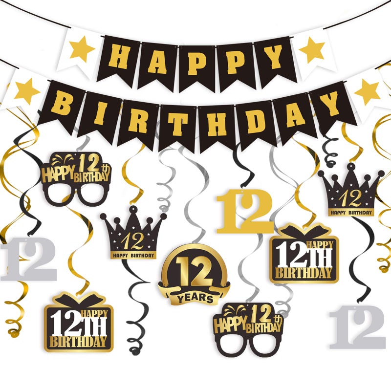 LINGTEER Happy 12th Birthday Decorations Set  12Pcs Black  Gold Swirls Streamer with Happy Birthday Bunting BannerCheers to Twelve Years Old Bday Party Decorations Gift Sign