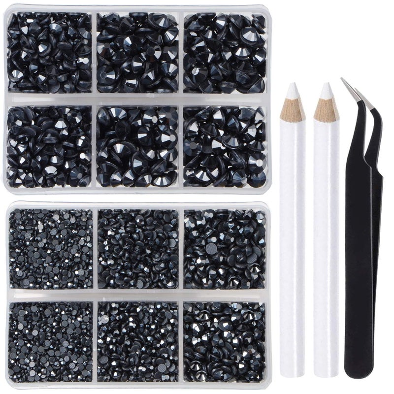LPBeads 6400 Pieces Hotfix RhinestonesJet Hematite Flat Back 5 Mixed Sizes Crystal Round Glass Gems with Tweezers and Picking Rhinestones Pen