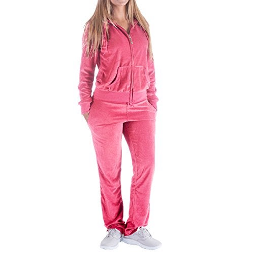 Facitisu Women's 2 Piece Outfits Velvet Zip Hoodie Sweatshirt & Sweatpants Sweatsuits and Velour Tracksuit Sets Jogging Suit Medium Coral - Image 1