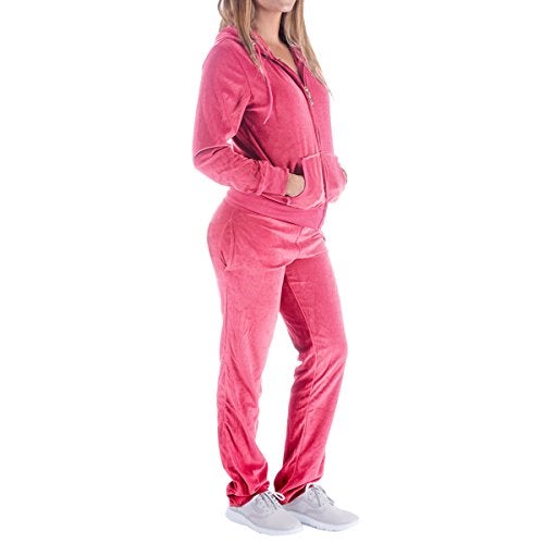 Facitisu Women's 2 Piece Outfits Velvet Zip Hoodie Sweatshirt & Sweatpants Sweatsuits and Velour Tracksuit Sets Jogging Suit Medium Coral - Image 2