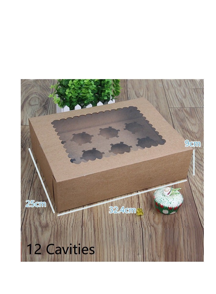 Brown 12-Piece 12-Cavities Kraft Paper Cupcake Box With Transparent Mini Window  - Image 1