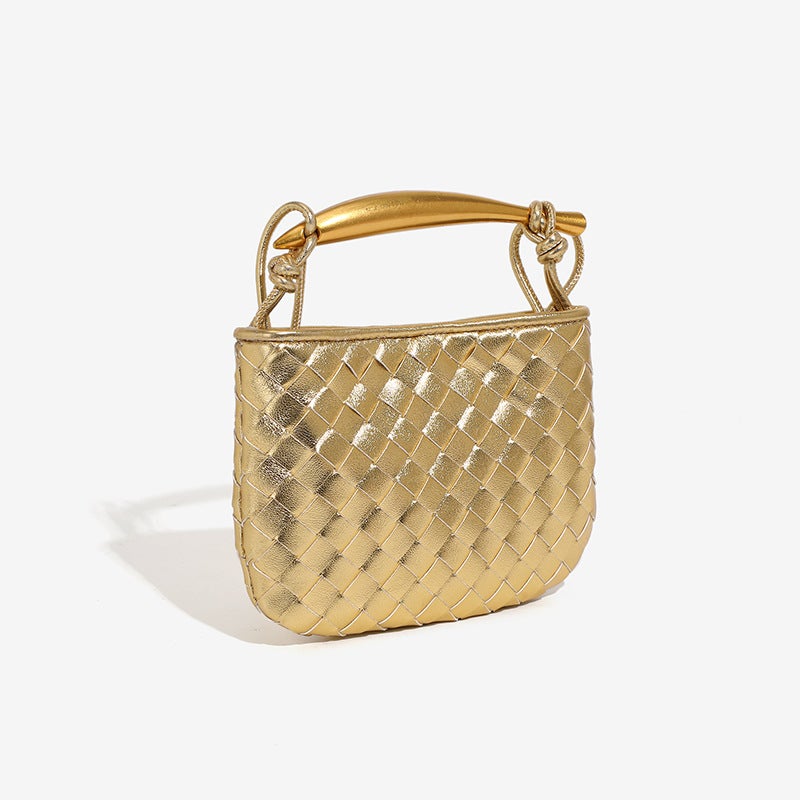 2024 Spring New silver Sardine Bag Soft Leather Woven Small Bag Metal Handlebar Half Shoulder Crossbody Bag Gold