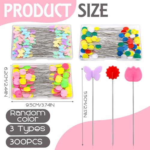 Fteven 300PCS Flat Head Straight Pins Kits, Head Sewing Pins Quilting Pins, Flower Head Sewing Pins for Fabric with Storage Boxes for Sewing DIY Projects, Dressmaker Decoration - Image 2