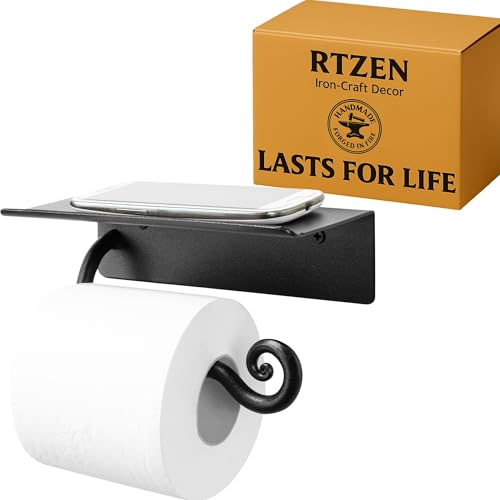 RTZEN Bathroom Toilet Paper Holder with Shelf - Handcrafted Rustic Wrought Iron Wall Decor Toilet Roll Holder - Black Matte Wall Mount Bar for Modern Farmhouse Bathroom Decor - Image 1