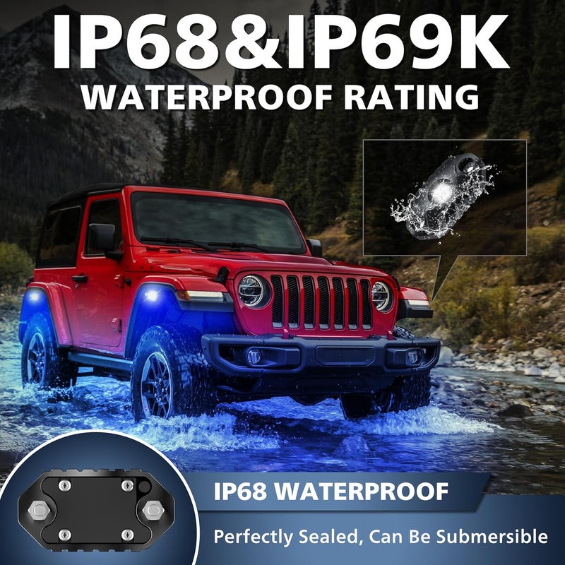 4WDKING أبيض LED أضواء الصخور، 2 وحدة IP68 مقاومة للماء تحت الهيكل أضواء توهج المسار، مصباح LED نيون للشاحنات، جيب، الطرق الوعرة، الشاحنات، السيارات، القوارب، ATV، SUV، الدراجات النارية - Image 2