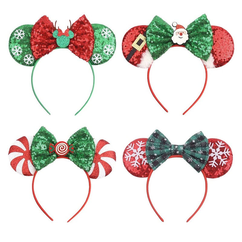 Tarocynn 4 PCS Christmas Mouse Ears Headbands Sequin Santa Reindeer Candy Headbands for Cosplay Party Favors Christmas 4 Pack - Image 2