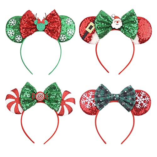 Tarocynn 4 PCS Christmas Mouse Ears Headbands Sequin Santa Reindeer Candy Headbands for Cosplay Party Favors Christmas 4 Pack - Image 1