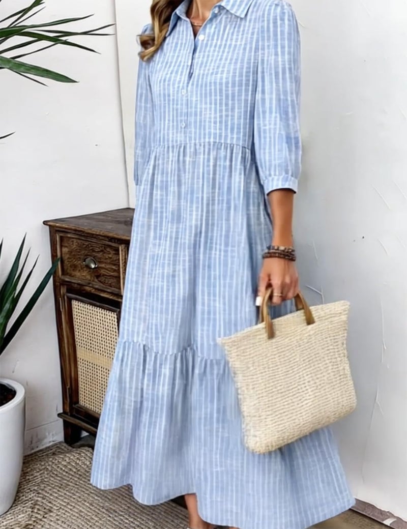 XNC Women's Blue and White Striped Shirt Maxi Dress 2026 Spring Fashion Collared Boho Breezy Print 3/4 Sleeve Long Dresses - Image 4