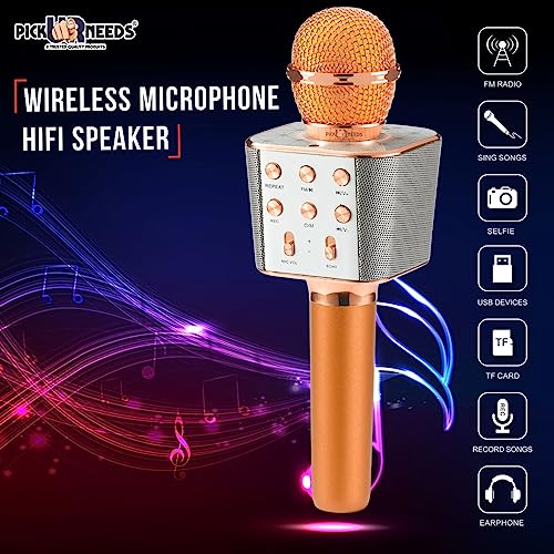 Pick Ur Needs Karaoke Mic for Singing Wireless Bluetooth Microphone Connection Player Speaker 2-in1 with Recording + USB+FM (Copper Boom) - Image 3