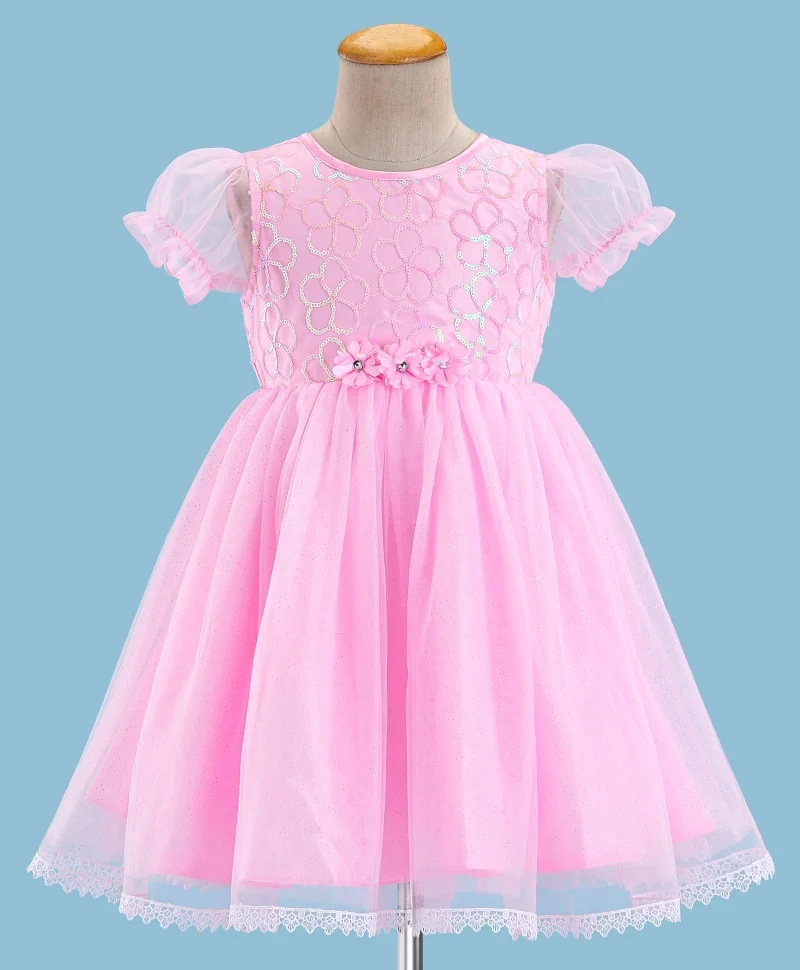 babyhug Babyhug Puffed Sleeves Sequinned & Corsage Detailing Party Frock - Pink