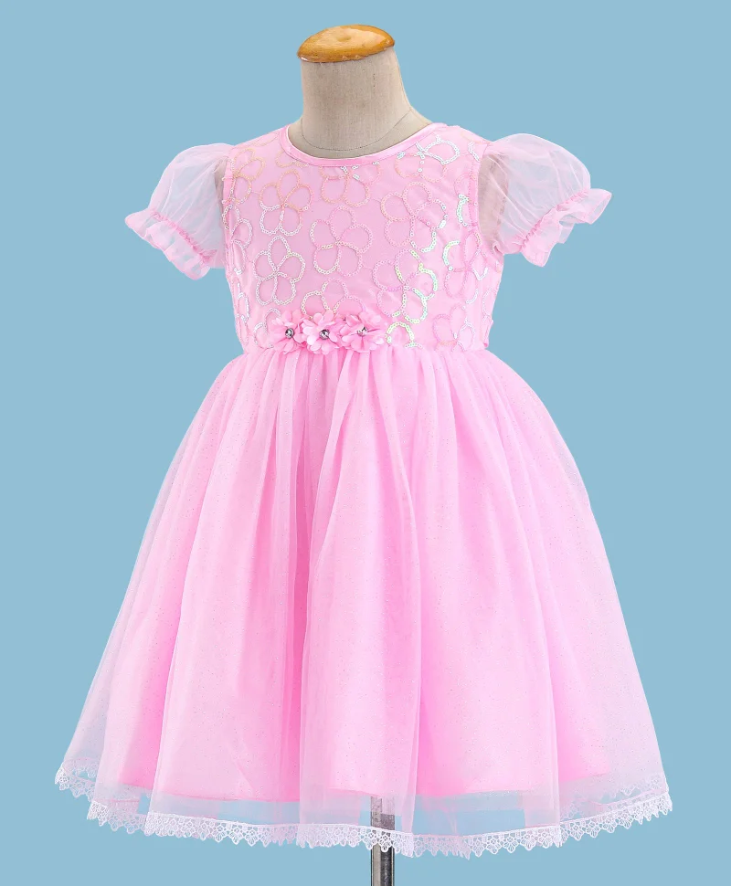 babyhug Babyhug Puffed Sleeves Sequinned & Corsage Detailing Party Frock - Pink