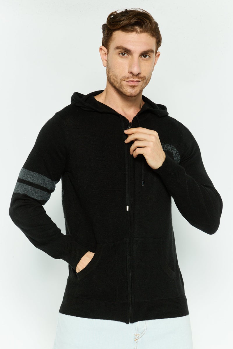 Ed Hardy سويت شيرت طويل الأكمام بغطاء رأس للرجال بشعار العلامة التجارية، أسود - Image 1