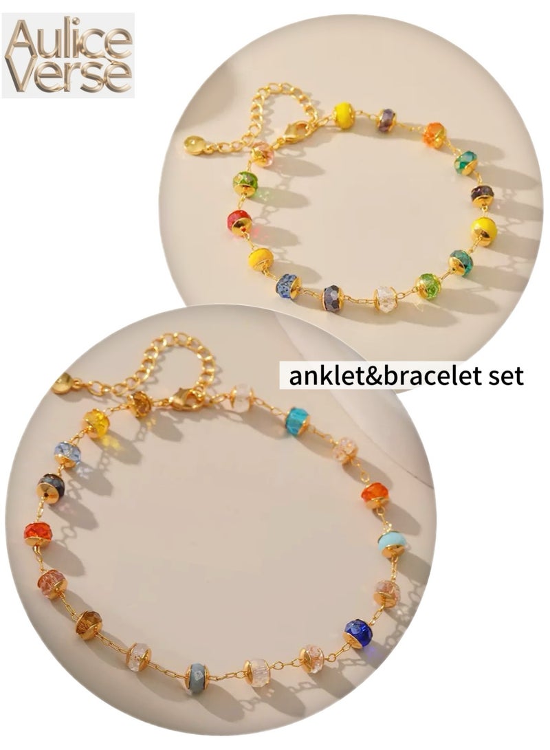 AuliceVerse 18K Real Gold Plated 2 Piece Ethnic Beaded Bracelet and Anklet Set with Mixed Color Rhinestones for Beach Vacation ded Bracelet and Anklet Set with Mixed Color Rhinestones for Beach Vacation ded Bracelet and Anklet Set with Mixed Color Rhinestones for Beach Vacation Christmas gift - Image 1