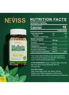 NEVISS Mullein Leaf Extract 1000Mg For Lung Cleanse Vegan Mullein Gummies For Lung With Quercetin & Bromelain Vitamin D3 Ashwagandha For Calm & Gut Health Chewable Herbal Supplements Nongmo 120 Counts  - Image 3