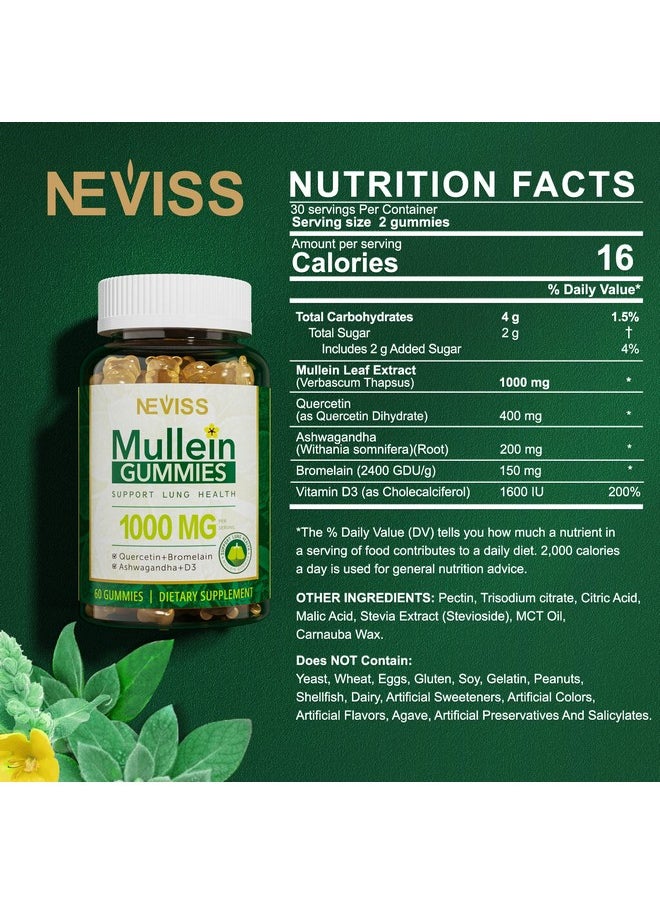 NEVISS - Mullein Leaf Extract 1000Mg For Lung Cleanse Vegan Mullein Gummies For Lung With Quercetin & Bromelain Vitamin D3 Ashwagandha For Calm & Gut Health Chewable Herbal Supplements Nongmo 120 Counts - Image 1