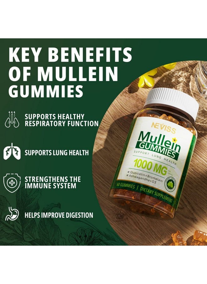 NEVISS - Mullein Leaf Extract 1000Mg For Lung Cleanse Vegan Mullein Gummies For Lung With Quercetin & Bromelain Vitamin D3 Ashwagandha For Calm & Gut Health Chewable Herbal Supplements Nongmo 120 Counts - Image 1