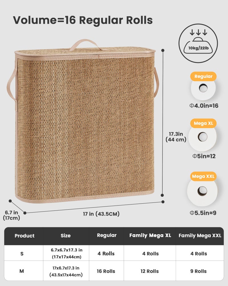 WAOHANAZ Bamboo Toilet Paper Storage Basket with Lid & Handle - 32L Large Capacity Handwoven Bathroom Organizer for 16 Rolls - Sturdy Stand Holder for Toilet Paper Organization, Carbon Brown - Image 3