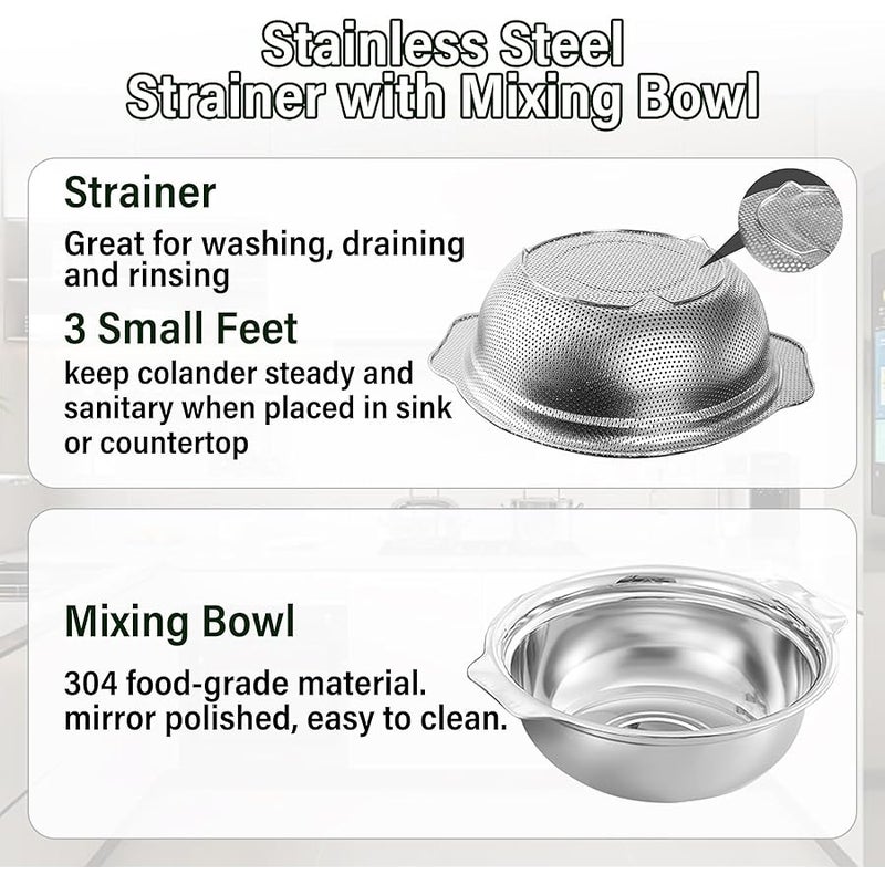 POPGRADE Stainless Steel Colander for Kitchen, 2.5QT Rice Washer Strainer with Mixing Bowl, Colander Bowl Set with Microporous for Washing Rice, Pasta, Spaghetti, Fruits, Dishwasher Safe(2PC) - Image 3
