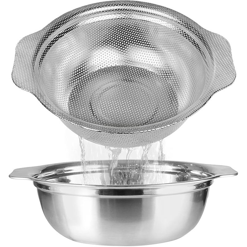 POPGRADE Stainless Steel Colander for Kitchen, 2.5QT Rice Washer Strainer with Mixing Bowl, Colander Bowl Set with Microporous for Washing Rice, Pasta, Spaghetti, Fruits, Dishwasher Safe(2PC) - Image 1