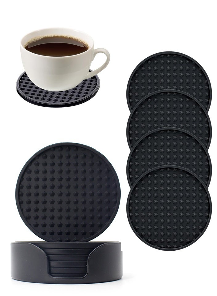 HOMESTAR 3.94'' Silicone Drink Coasters Set, Non-Slip & Heat-Resistant Round Cup Mats with Round Silicone Storage Tray, Bar Table Protectors for Hot or Cold Drinks, for various cup sizes(Black, 6-Pack) - Image 1
