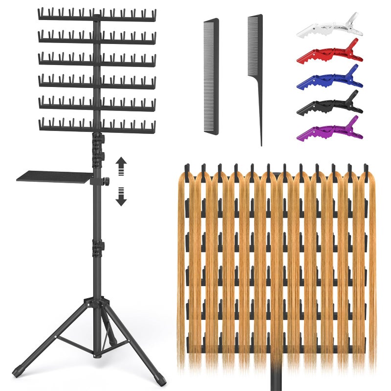 Hemndic Braiding Hair Rack with Tray, 2-sided 144 Pegs, Heavy Duty Braiding Rack Stand for Hair, Height Adjustable Standing Hair Extension Holder with Storage Bag & Braiding Accessories - Image 1