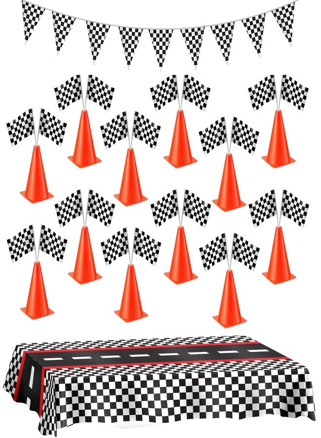 Bedwina Racing Car Party Supplies - Racecar Decorations Kit for Kids - (12) Orange Traffic Cones, (24) Racing Checkered Flags, Plastic Tablecloth (54"x108") Birthday Banner Race Car Theme Baby Shower (38Pcs) - Image 1