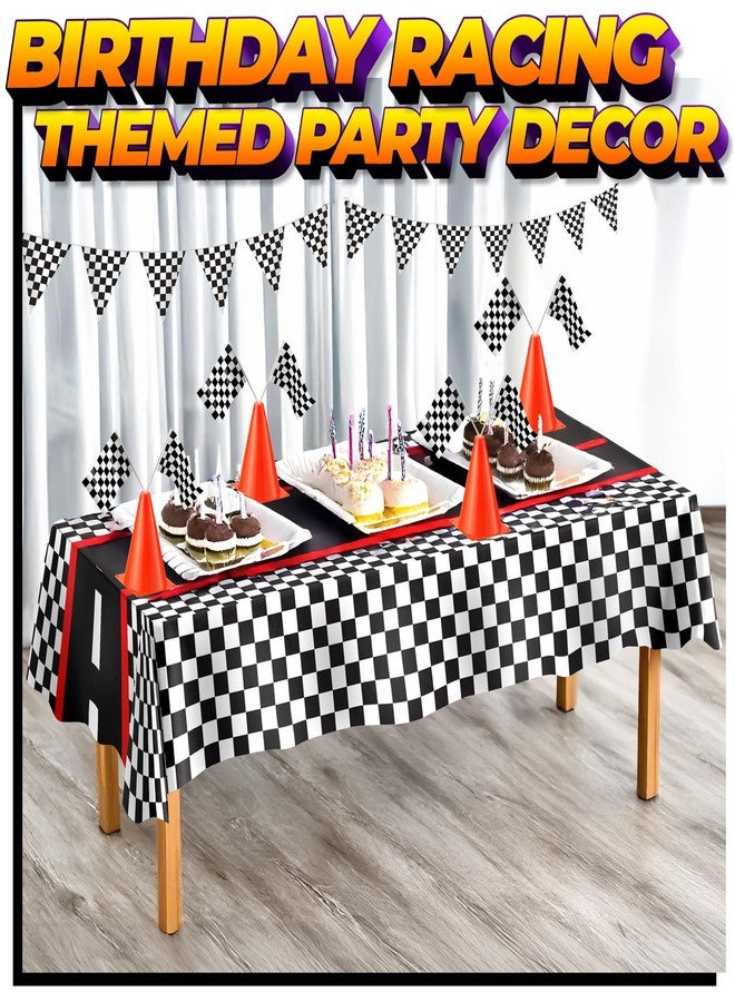 Bedwina Racing Car Party Supplies - Racecar Decorations Kit for Kids - (12) Orange Traffic Cones, (24) Racing Checkered Flags, Plastic Tablecloth (54"x108") Birthday Banner Race Car Theme Baby Shower (38Pcs) - Image 3