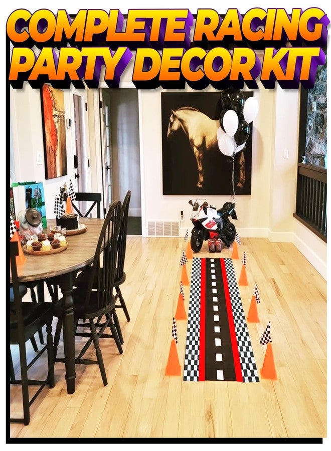 Bedwina Racing Car Party Supplies - Racecar Decorations Kit for Kids - (12) Orange Traffic Cones, (24) Racing Checkered Flags, Plastic Tablecloth (54"x108") Birthday Banner Race Car Theme Baby Shower (38Pcs) - Image 5