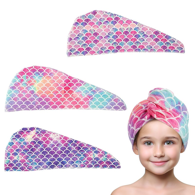 MADHOLLY Microfiber Hair Towel for Kids Gifts  Soft Super Absorbent Rapid Drying Hair Towel Wrap Turban for Girls Women with Button AntiFrizz for Thicker Curly Long Hair 3Pack