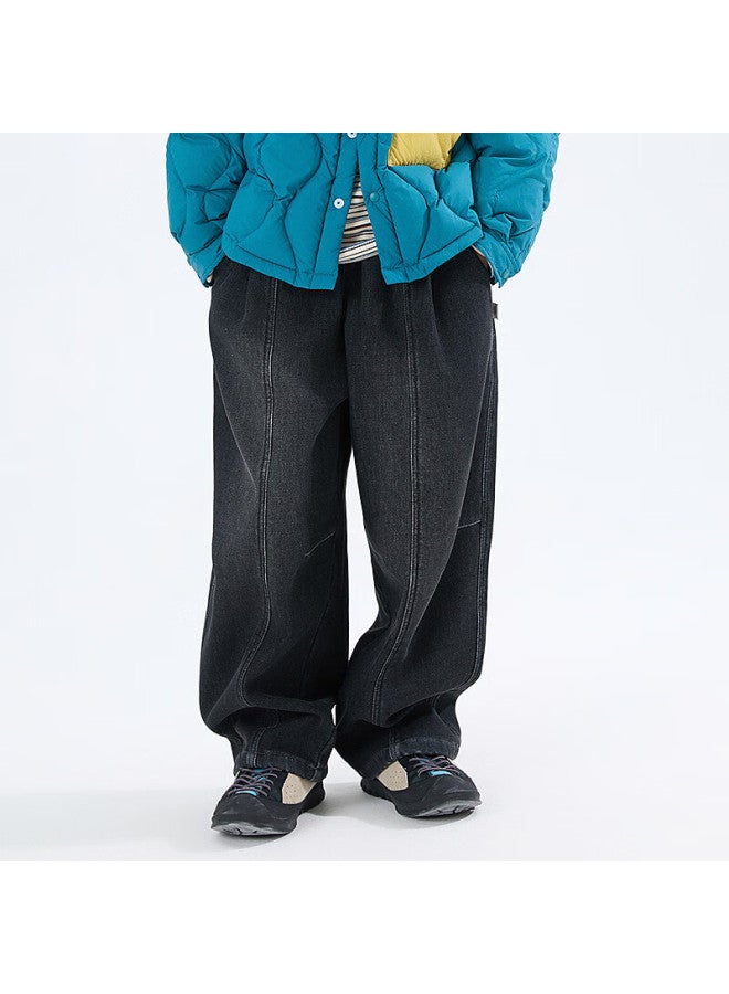 Mipo Winter New Kids Fleece-lined Casual Loose Outdoor Warm Denim Pants Black 140cm - Image 1