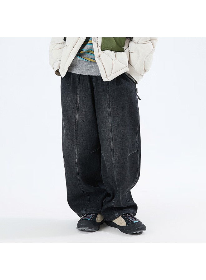 Mipo Winter New Kids Fleece-lined Casual Loose Outdoor Warm Denim Pants Black 140cm - Image 3