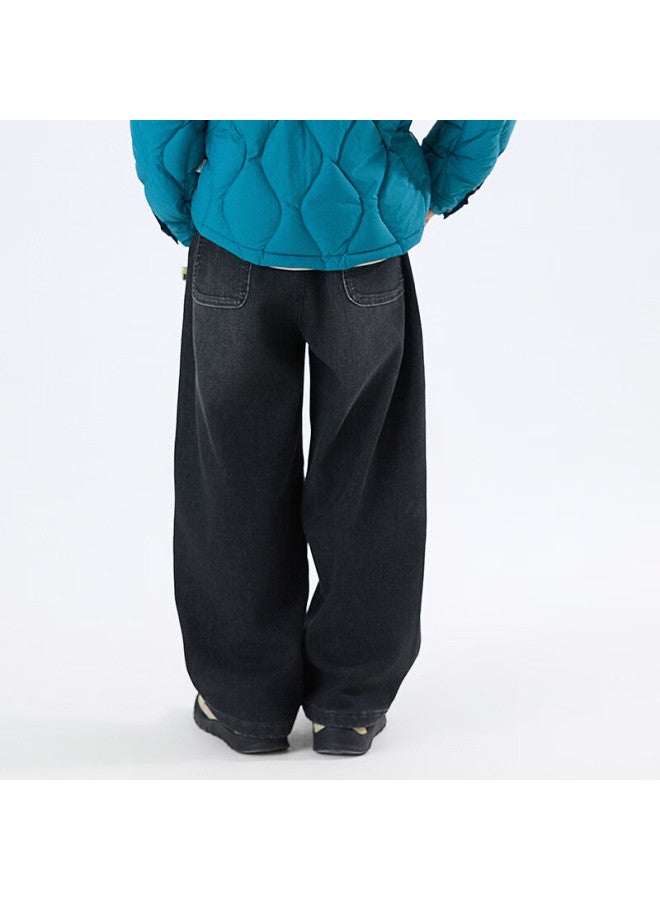 Mipo Winter New Kids Fleece-lined Casual Loose Outdoor Warm Denim Pants Black 140cm - Image 4