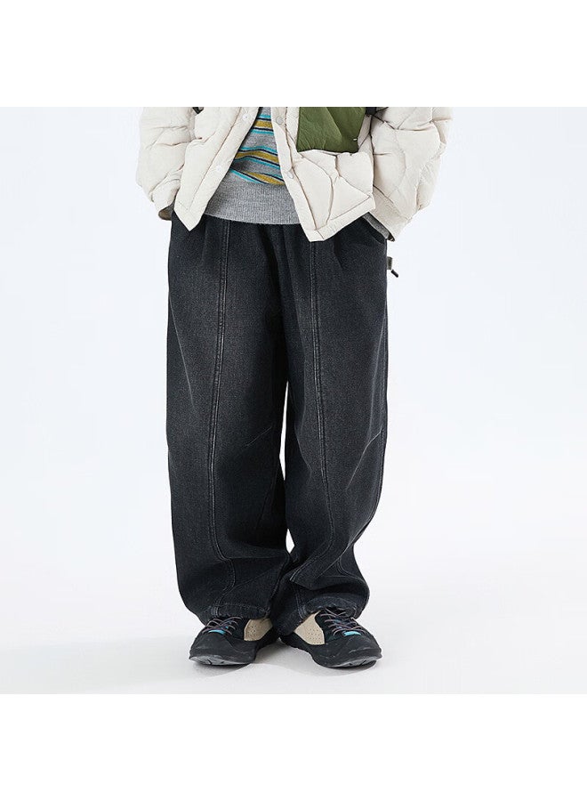Mipo Winter New Kids Fleece-lined Casual Loose Outdoor Warm Denim Pants Black 140cm - Image 2