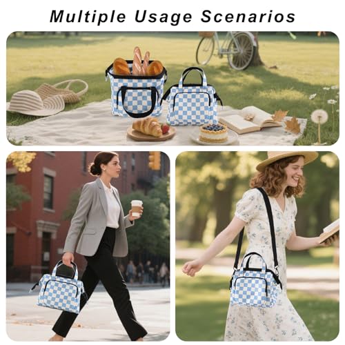 U+U Reusable Lunch Bag for Women Men Leakproof Lunch Tote Bag with Adjustable Strap, Holds Lunch Box, Snacks, Fruits for Work, Picnic or Travel - Insulated, Large Capacity, Waterproof (Blue Checkered) - Image 2