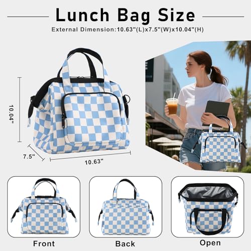 U+U Reusable Lunch Bag for Women Men Leakproof Lunch Tote Bag with Adjustable Strap, Holds Lunch Box, Snacks, Fruits for Work, Picnic or Travel - Insulated, Large Capacity, Waterproof (Blue Checkered) - Image 3